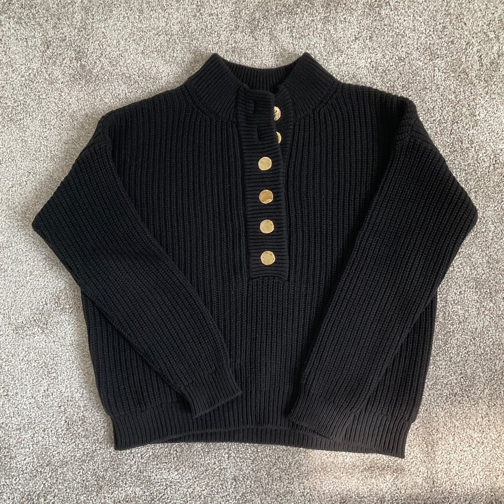 Sezane Black Ribbed Sweater with Gold Buttons